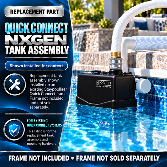 Staypoollizer 2.0 NXGEN Quick Connect replacement tank assembly shown installed on an existing Quick Connect frame at the pool waterline; frame not included.