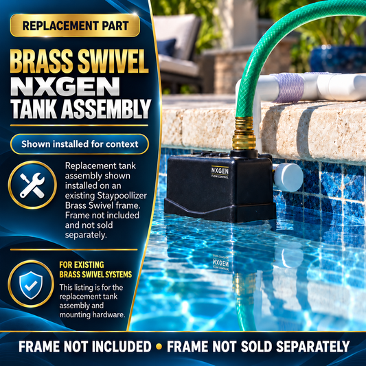 Staypoollizer 2.0 NXGEN Brass Swivel replacement tank assembly shown installed on a compatible existing Brass Swivel frame; frame not included.