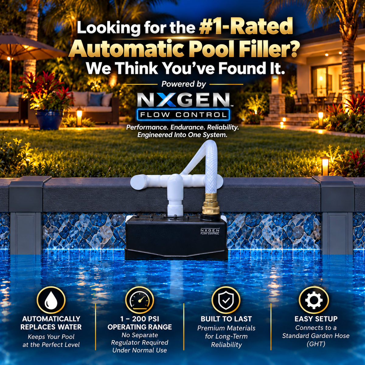 Staypoollizer 2.0 NXGEN Above Ground pool water leveler mounted on an above-ground pool edge, showing setup and 1–200 PSI flow-control benefits.