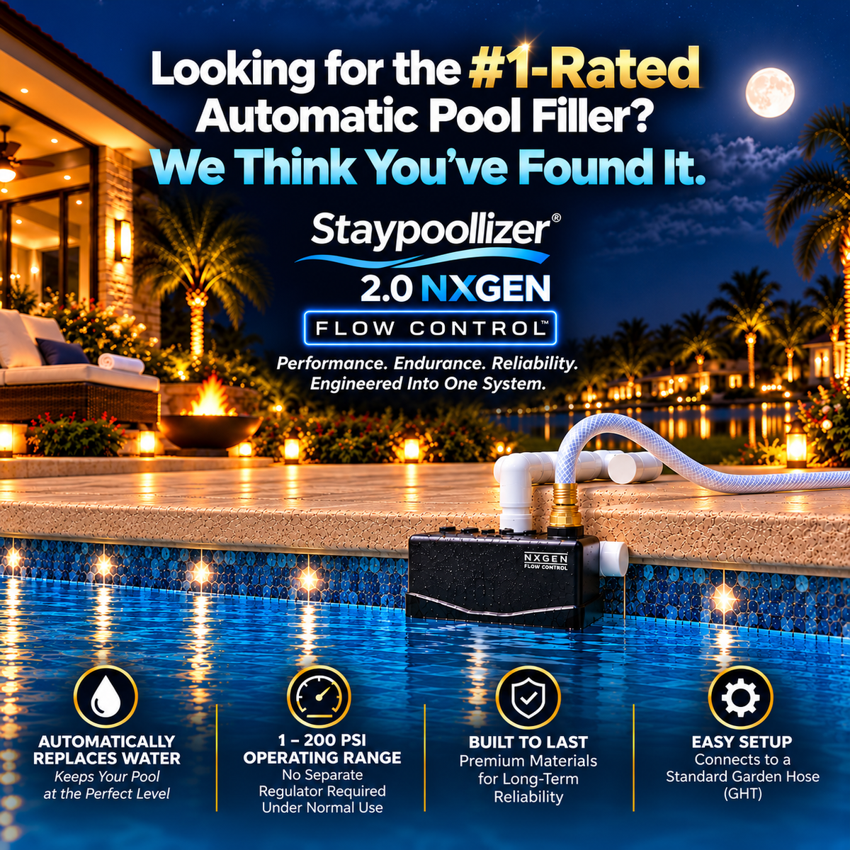 Staypoollizer 2.0 NXGEN Brass Swivel automatic pool filler in a moonlit poolside scene, with the #1-rated pool filler question and automatic filling, 1–200 PSI range, durability and setup callouts.