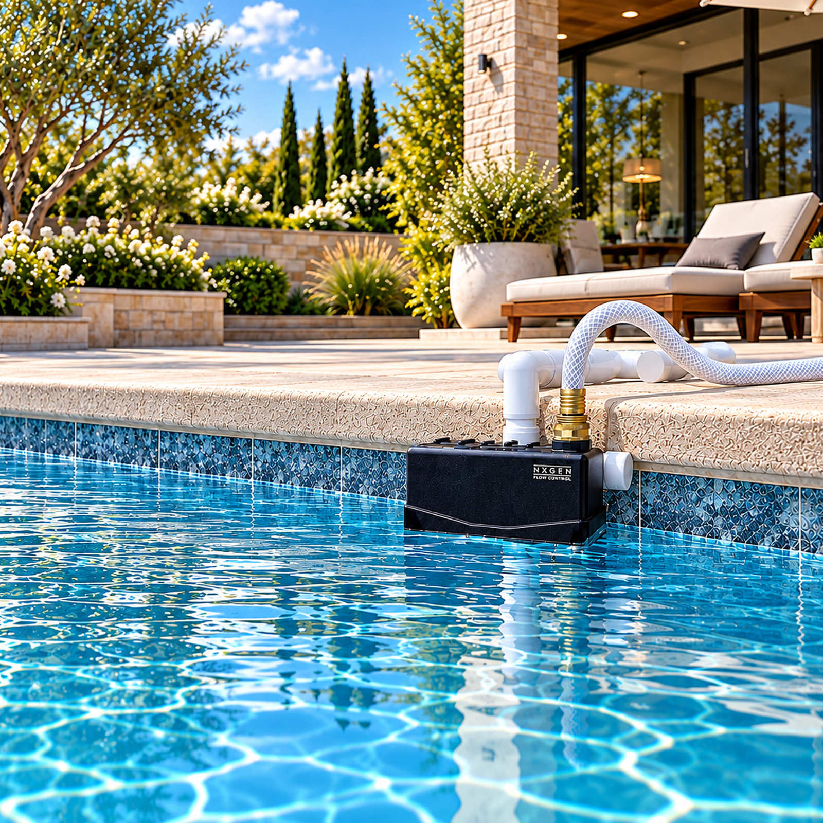 Staypoollizer 2.0 Brass Swivel installed at a luxury pool with its garden hose connected and black tank near the waterline