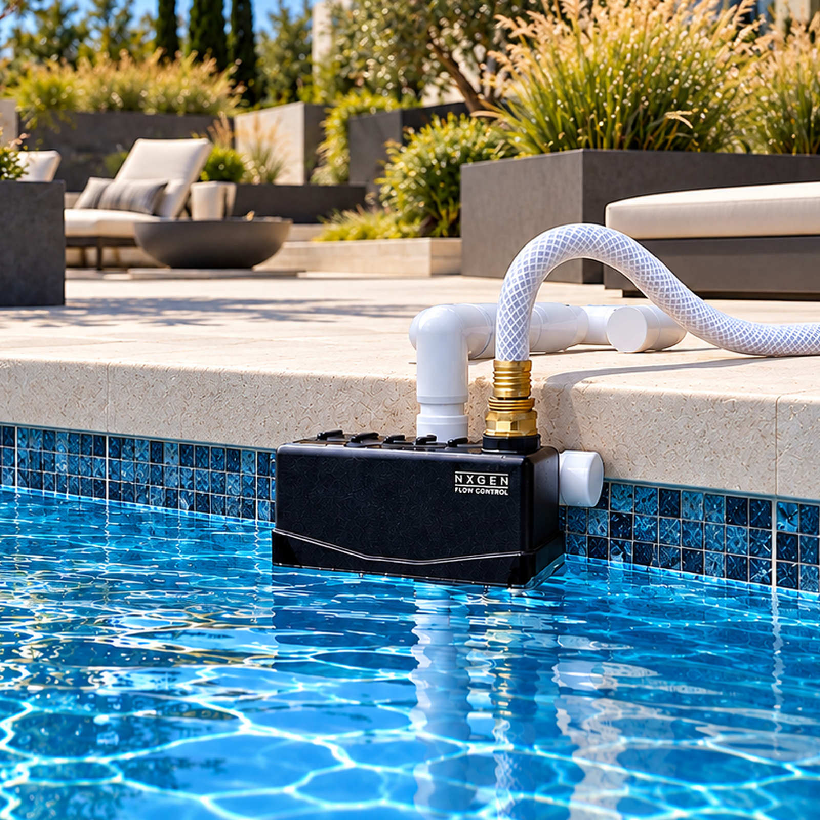 Staypoollizer Brass Swivel positioned on coping in a modern pool scene with a white hose connected to the brass swivel