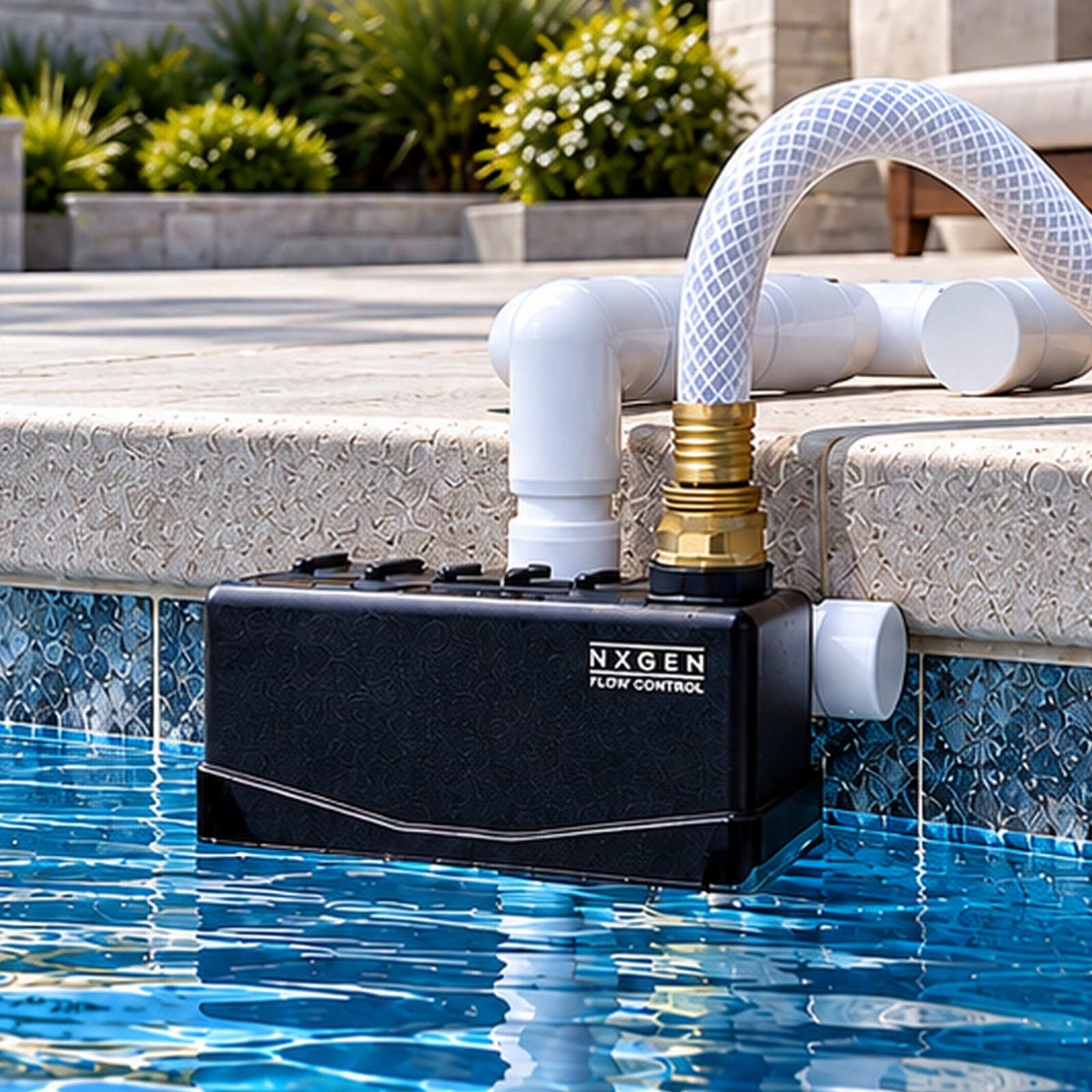 Brass Swivel fitted with a white braided garden hose at the brass swivel on pool coping