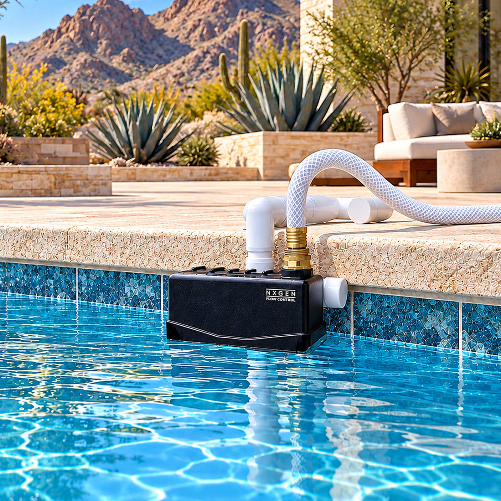 Brass Swivel installed with a connected garden hose at a mountain residence pool for observing the selected waterline