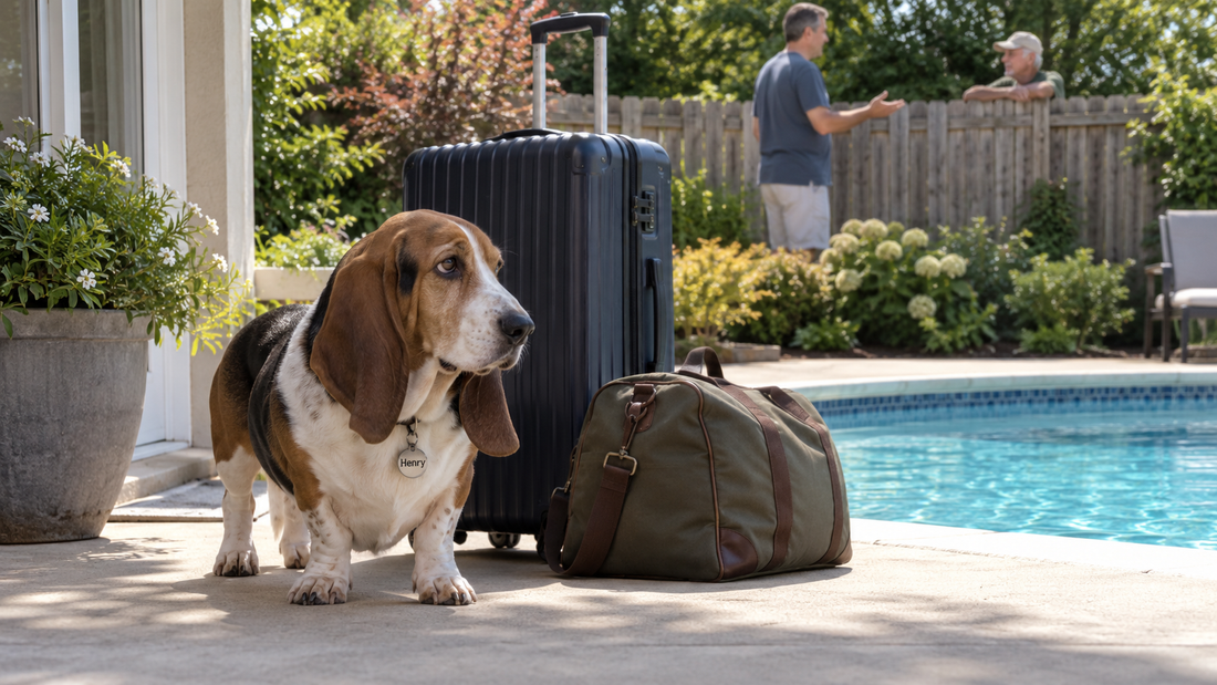 Henry the mature hound beside vacation luggage while his human talks with a neighbor near the backyard pool.