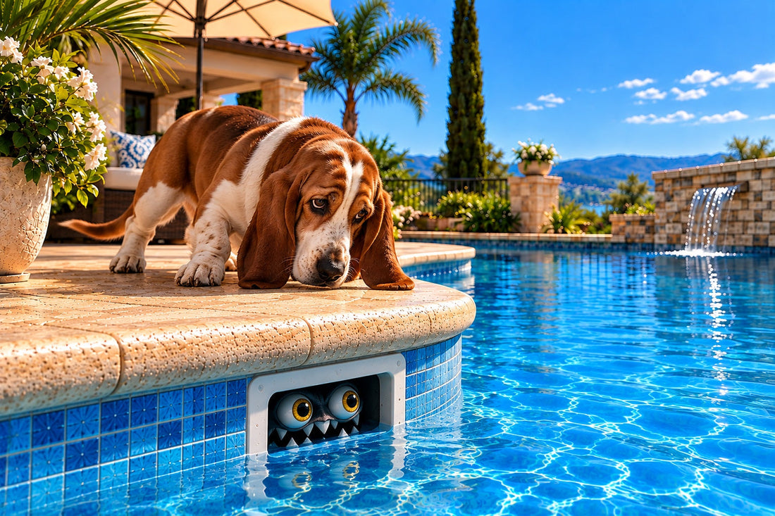Henry, the mature hound, cautiously investigating the pool skimmer he believes is a hungry monster.