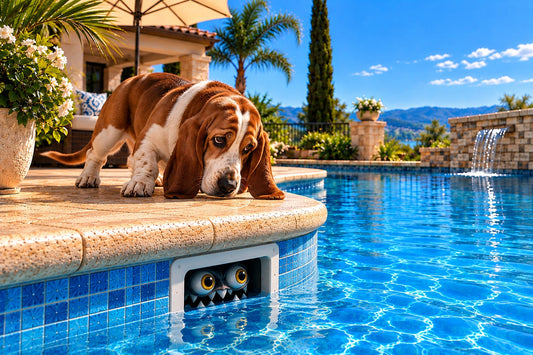 Henry, the mature hound, cautiously investigating the pool skimmer he believes is a hungry monster.