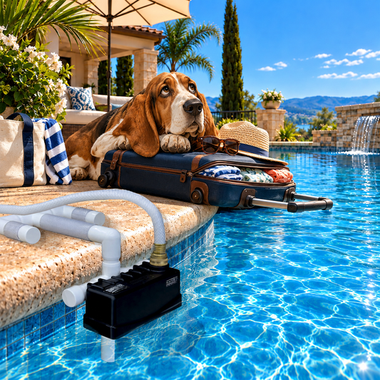 Henry, the mature hound, resting on a packed suitcase beside the pool with the Staypoollizer installed at the pool edge.