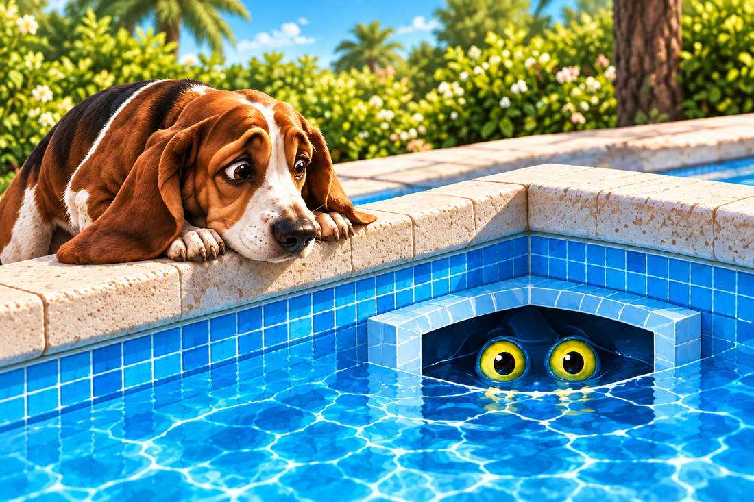 Henry the old hound cautiously peering over the edge of his poolside water bowl at the hungry monster eyes beneath the skimmer opening.