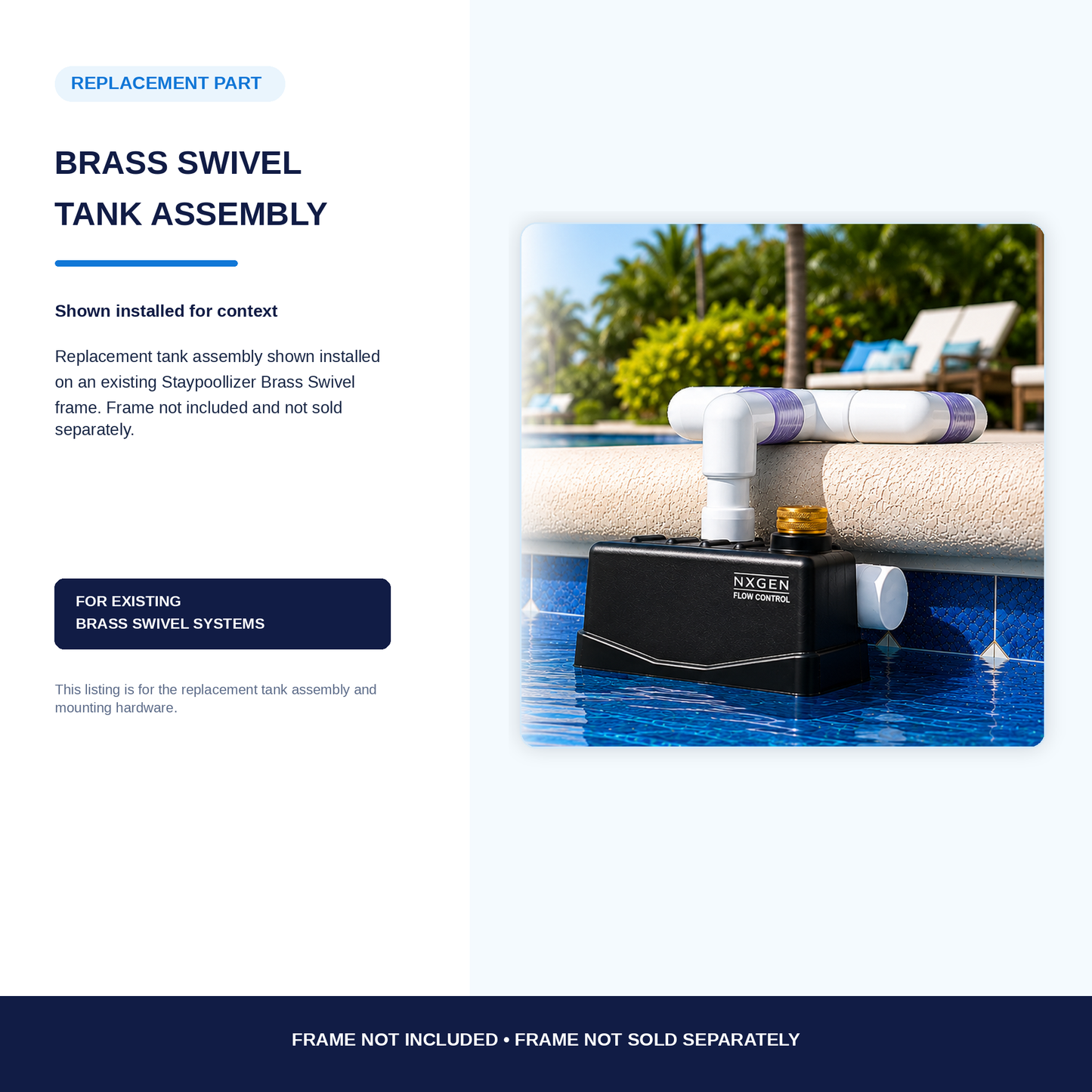 Brass Swivel replacement tank assembly highlighting integrated stainless steel NXGEN flow-control nozzle and mounting hardware.
