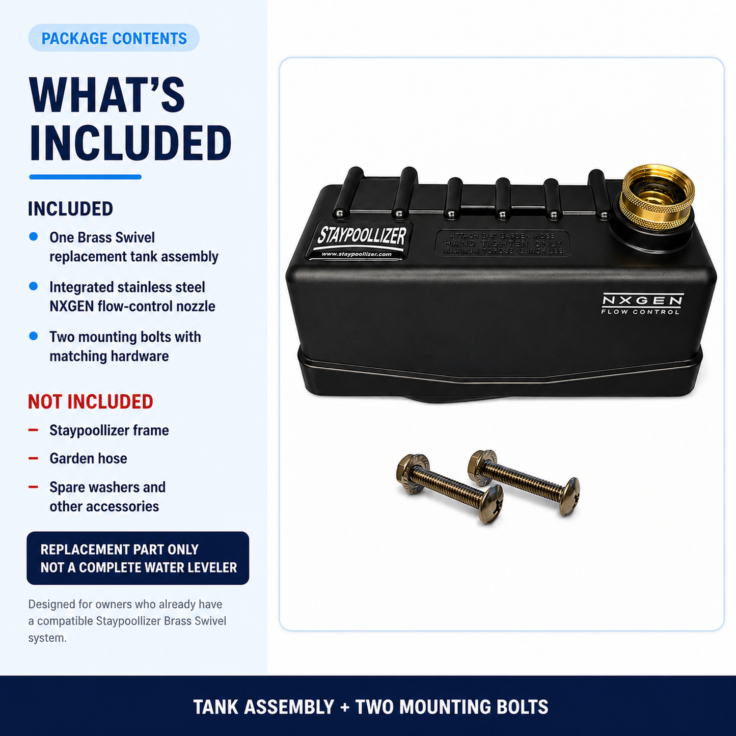 Package contents showing Brass Swivel replacement tank assembly and two mounting bolts with matching hardware.