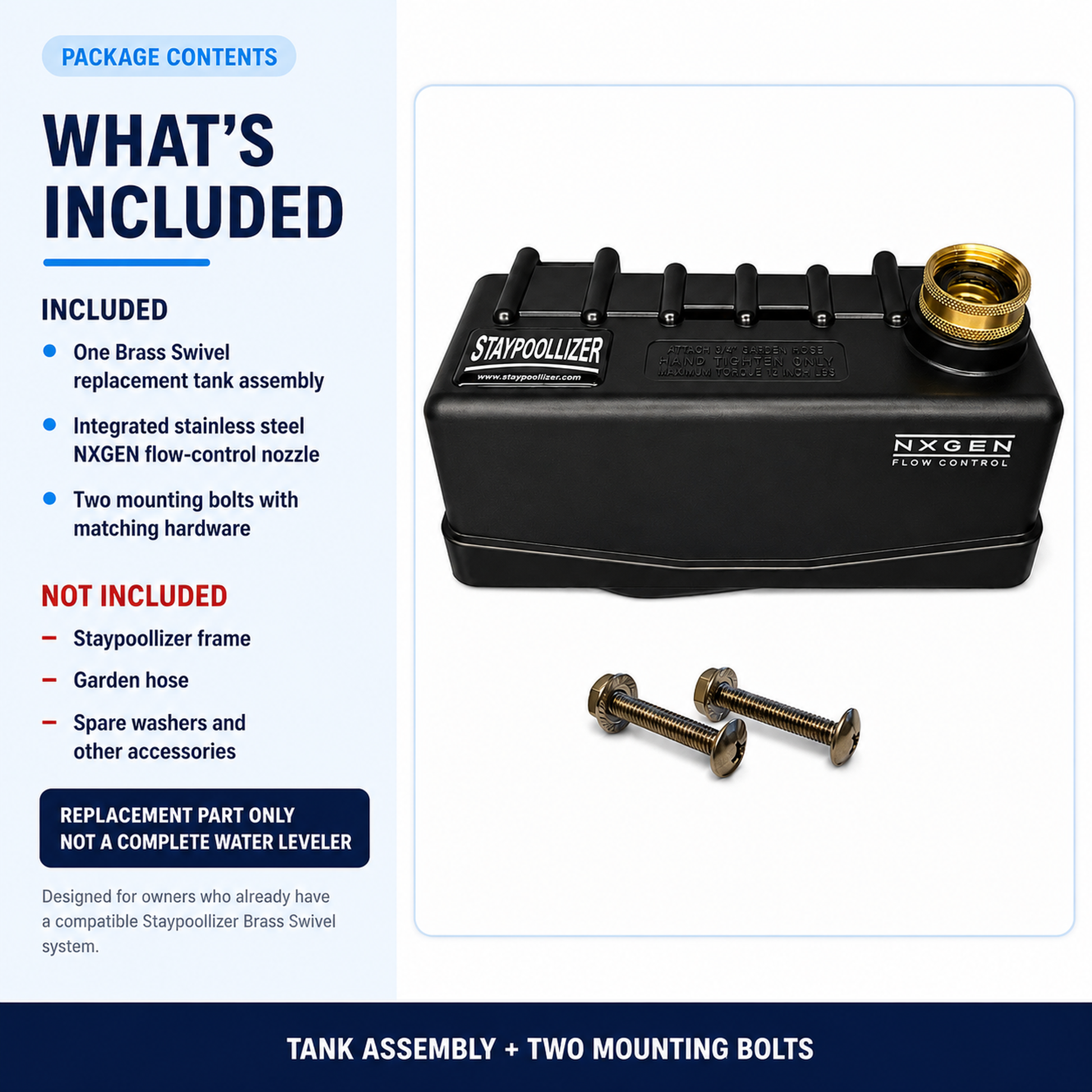 Package contents showing Brass Swivel replacement tank assembly and two mounting bolts with matching hardware.