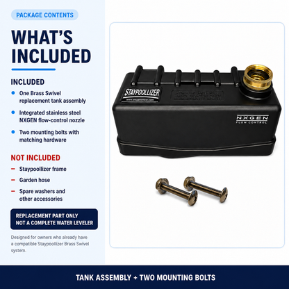 Package contents showing Brass Swivel replacement tank assembly and two mounting bolts with matching hardware.