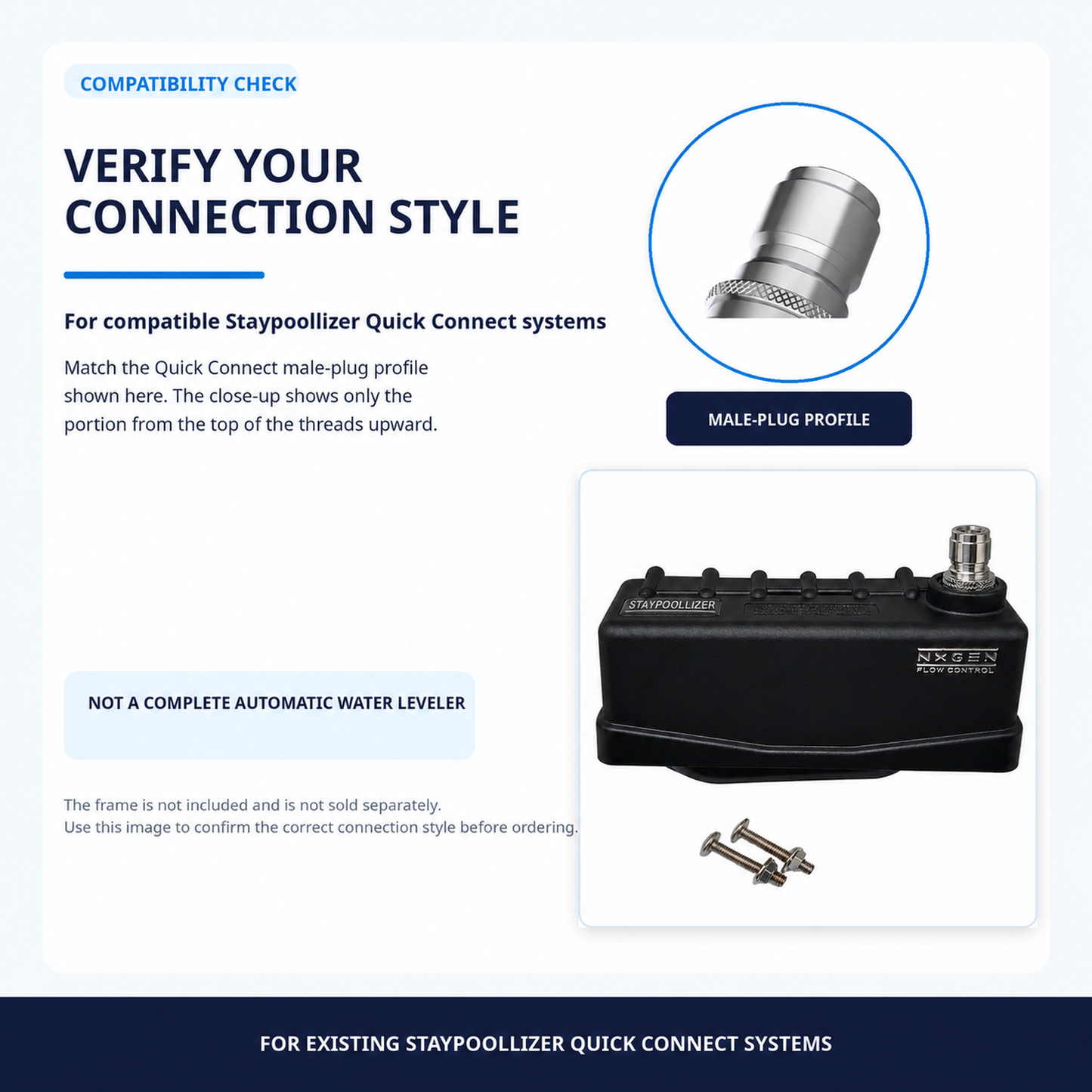 Quick Connect replacement tank assembly compatibility guide showing the required Staypoollizer male plug connection.