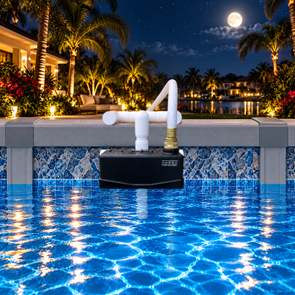 Staypoollizer Above Ground pool water leveler installed with a connected garden hose beside illuminated blue pool water and tropical palm trees under the moonlight