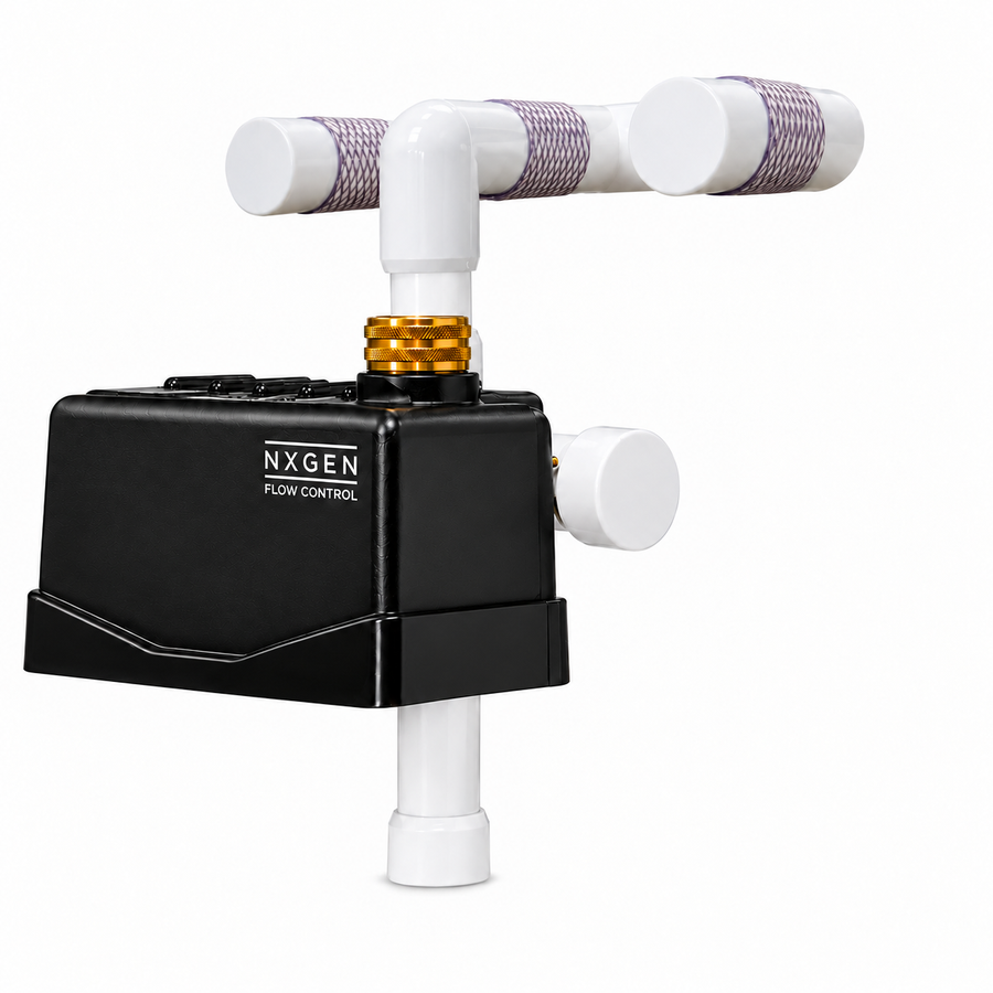 Staypoollizer 2.0 Above Ground automatic pool water leveler with white PVC mounting frame, brass swivel, and black NXGEN flow-control tank