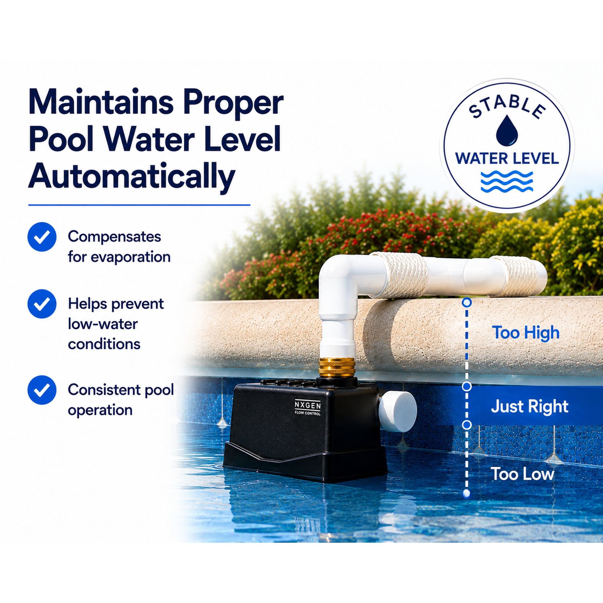 Staypoollizer automatic pool water leveler maintaining the selected pool water level