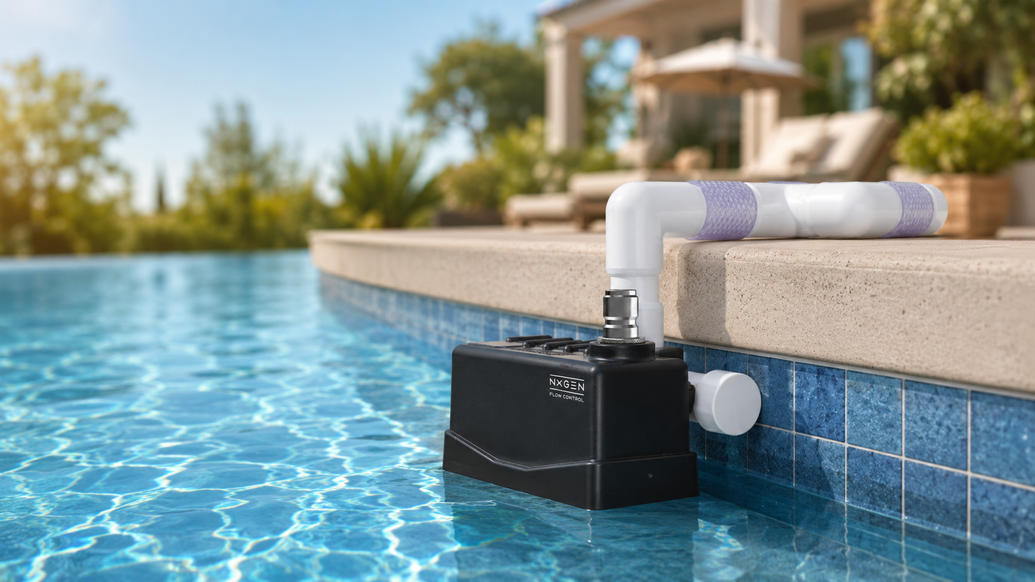 Staypoollizer automatic pool water leveler installed on pool edge keeping pool water full