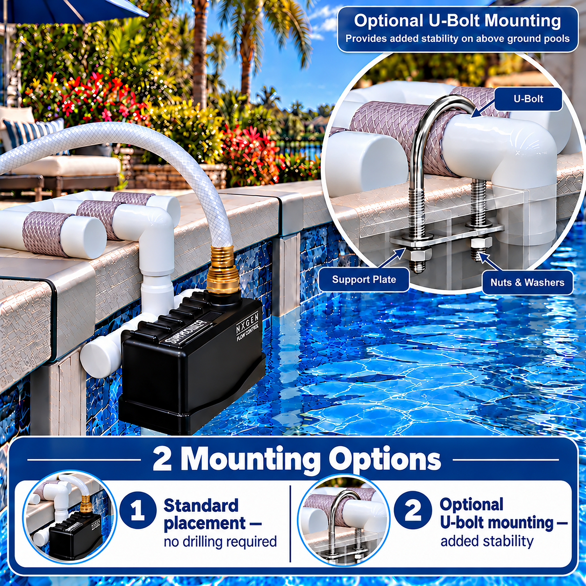 Above Ground Staypoollizer two installation options: resting on a suitable wide pool ledge or optionally secured with the included U-bolt