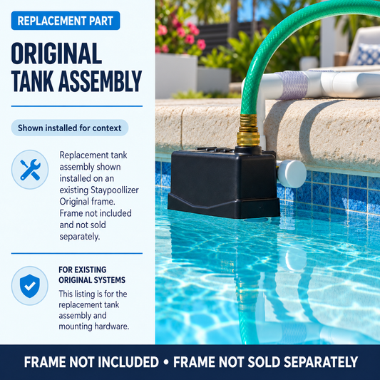 Staypoollizer Original replacement tank assembly shown installed on an existing Original frame at the pool waterline; frame not included.