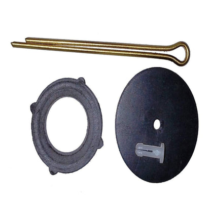 Staypoollizer rebuild kit with grommet, disk pin, neoprene shutoff disk, and cotter pin on a white background.
