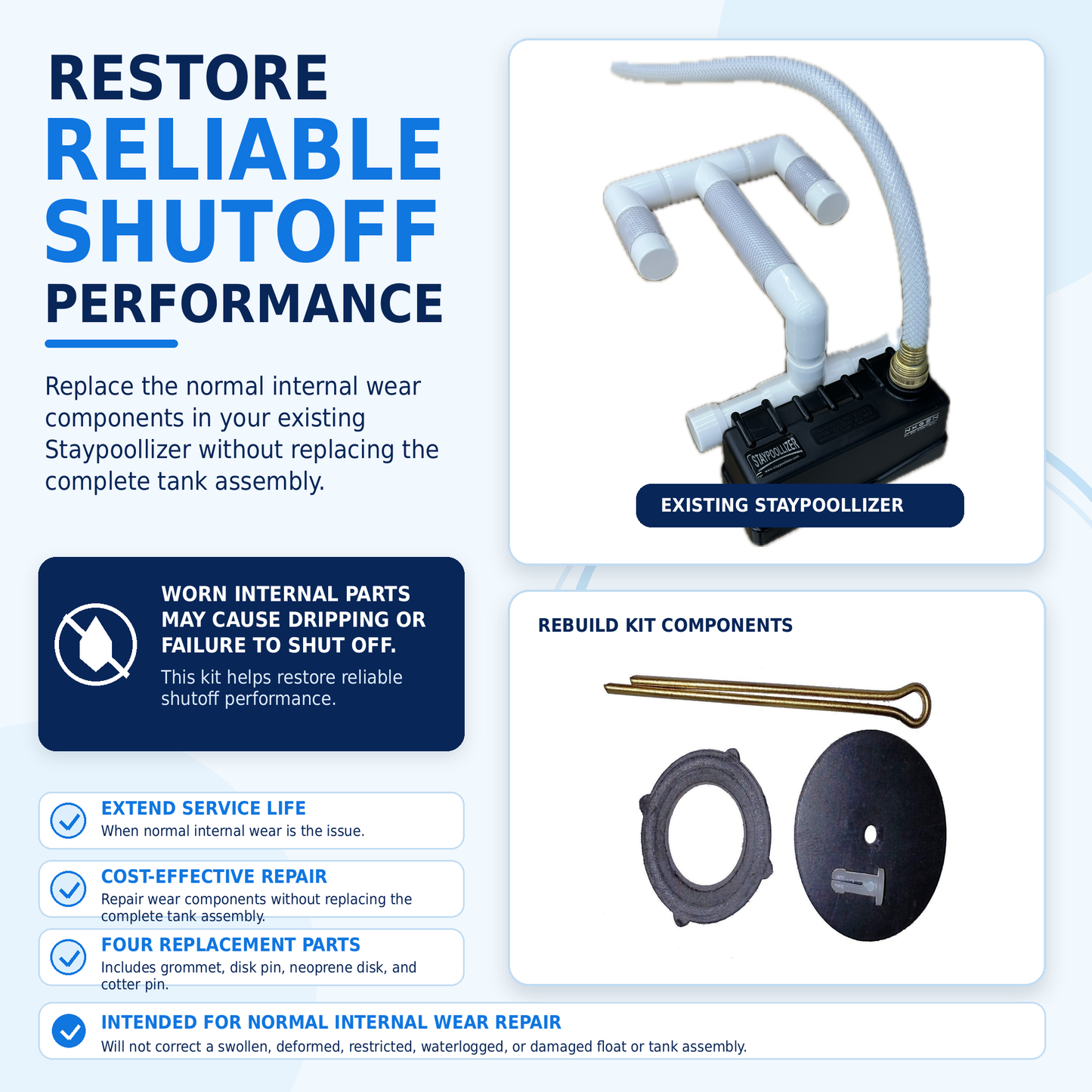 Staypoollizer rebuild kit shown with an existing Staypoollizer to explain repair of normal internal wear and shutoff performance.