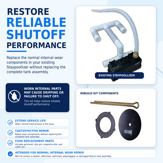 Staypoollizer rebuild kit shown with an existing Staypoollizer to explain repair of normal internal wear and shutoff performance.