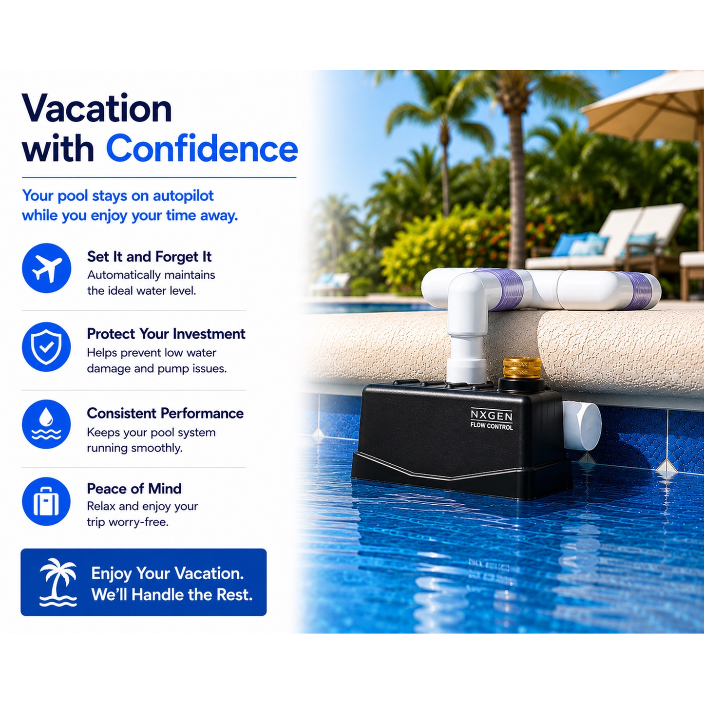 Staypoollizer Brass Swivel maintaining pool water level while homeowners are away