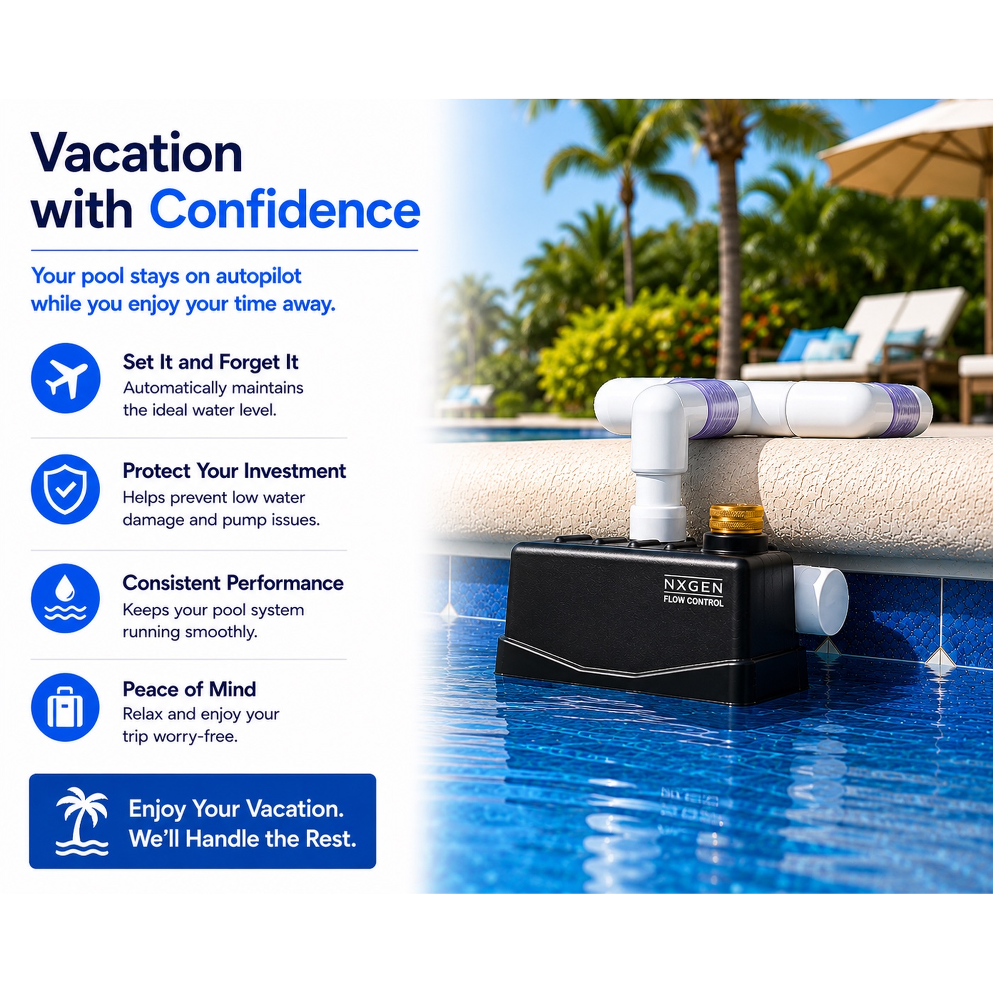 Staypoollizer Brass Swivel maintaining pool water level while homeowners are away