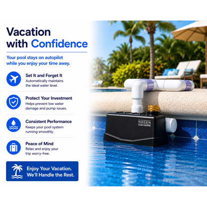 Staypoollizer Brass Swivel maintaining pool water level while homeowners are away