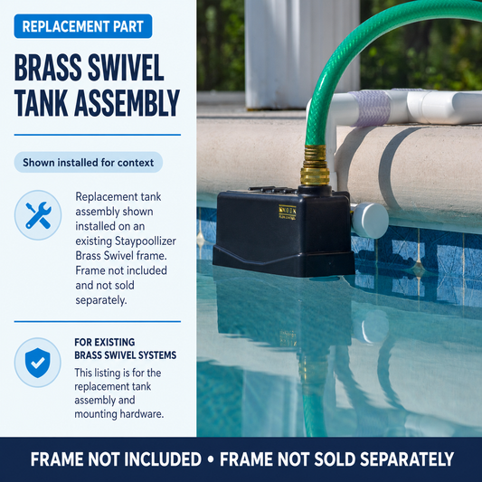 Staypoollizer Brass Swivel replacement tank assembly installed on a compatible existing frame with a garden hose connected. Frame and hose not included.