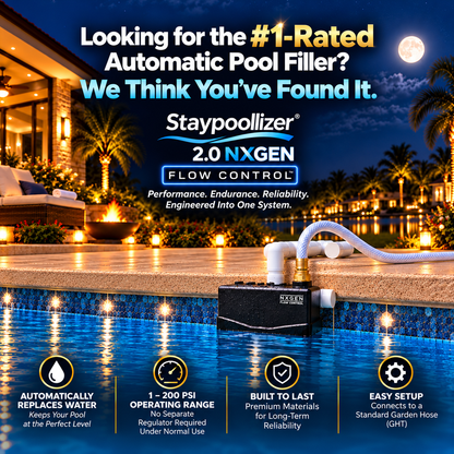 Staypoollizer 2.0 NXGEN Brass Swivel automatic pool filler in a moonlit poolside scene, with the #1-rated pool filler question and automatic filling, 1–200 PSI range, durability and setup callouts.