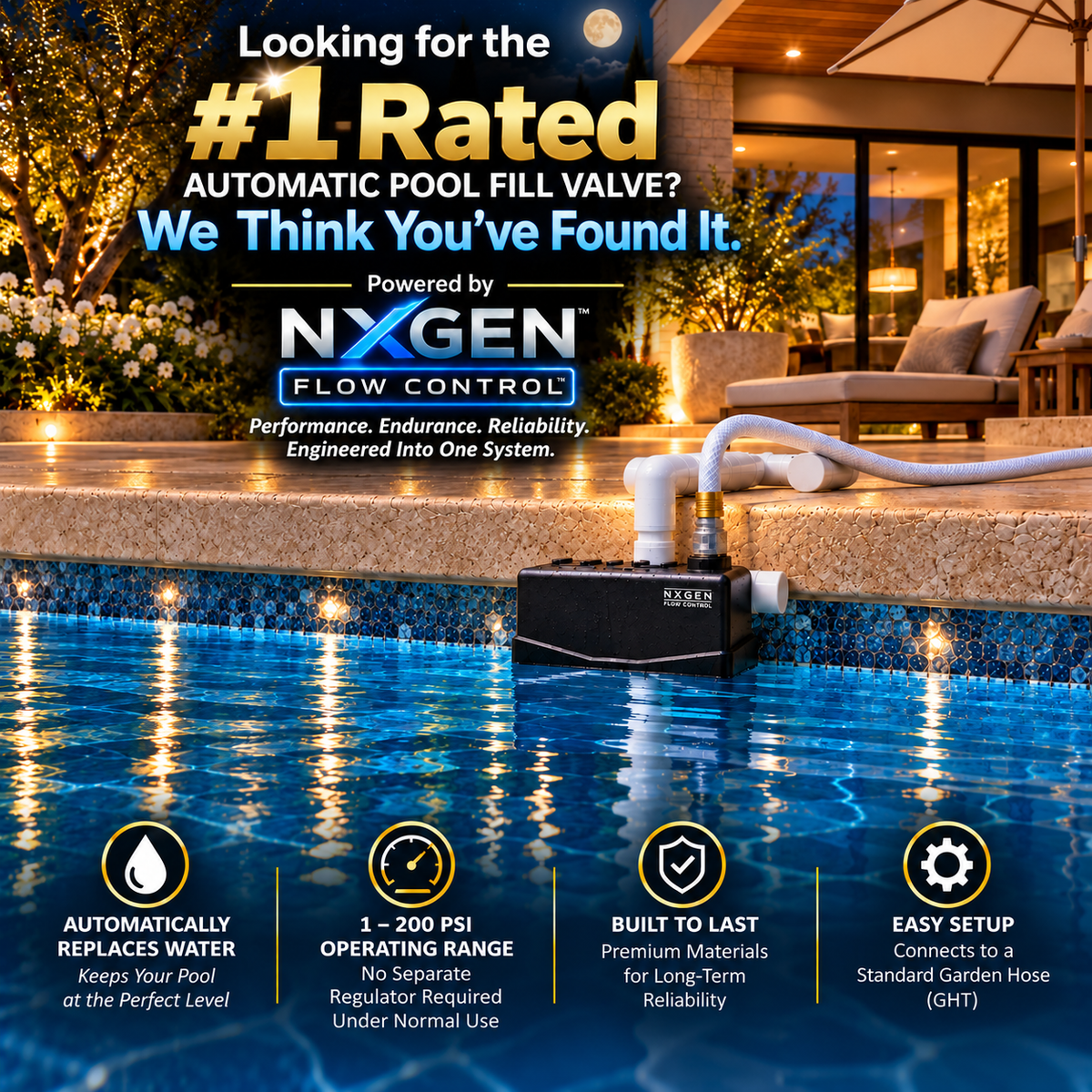 Staypoollizer 2.0 NXGEN Quick Connect pool filler at a lighted pool, with a buyer question, 1–200 PSI inlet range, automatic water replacement and setup features.