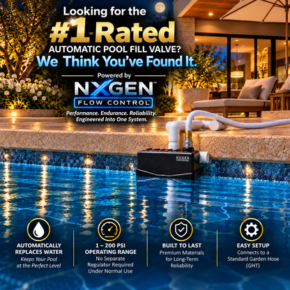 Staypoollizer 2.0 NXGEN Quick Connect pool filler at a lighted pool, with a buyer question, 1–200 PSI inlet range, automatic water replacement and setup features.