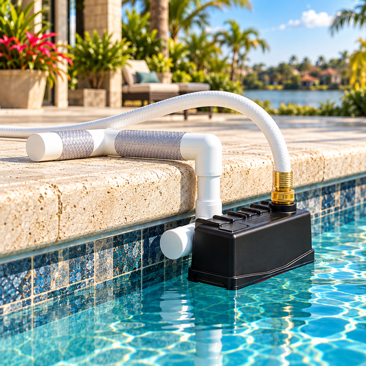 Staypoollizer Original automatic pool water leveler installed at the pool edge with white garden hose