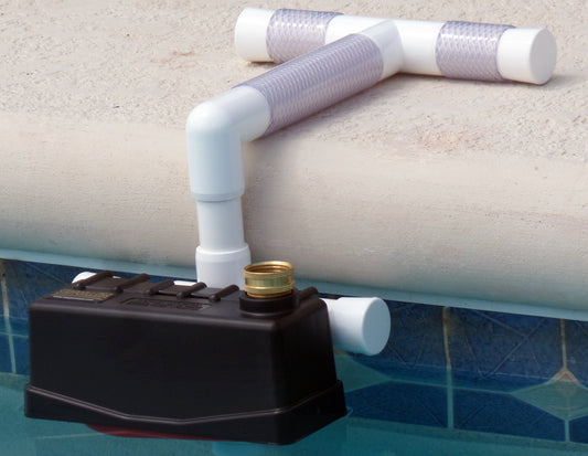 Staypoollizer Original installed on a pool edge with its fixed frame resting on the deck