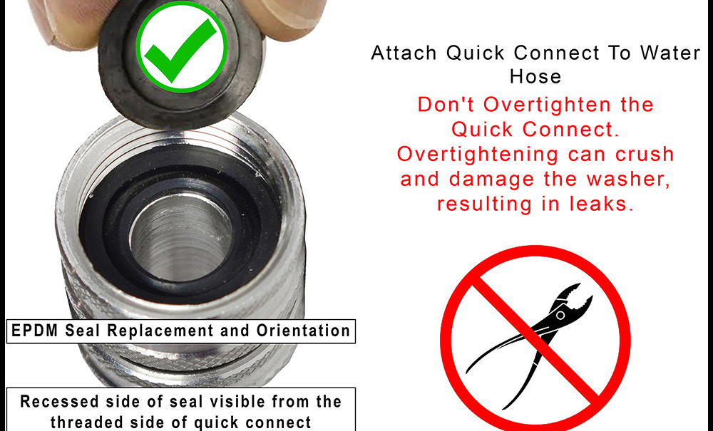 Original Quick Connect seal image shows recessed EPDM sealing face visible from the threaded end, with a no-tools symbol