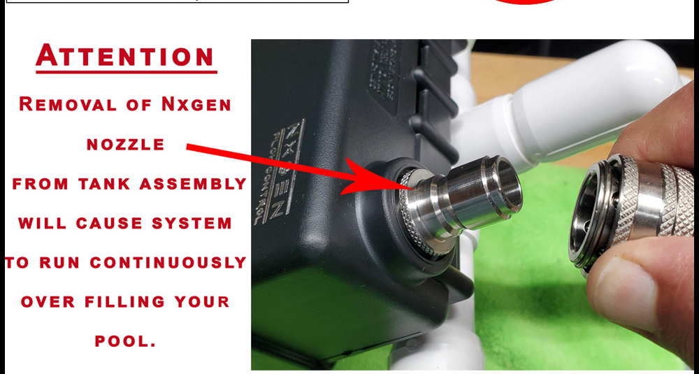 Original warning photograph showing the NXGEN nozzle installed in the tank assembly and separated Quick Connect mating component